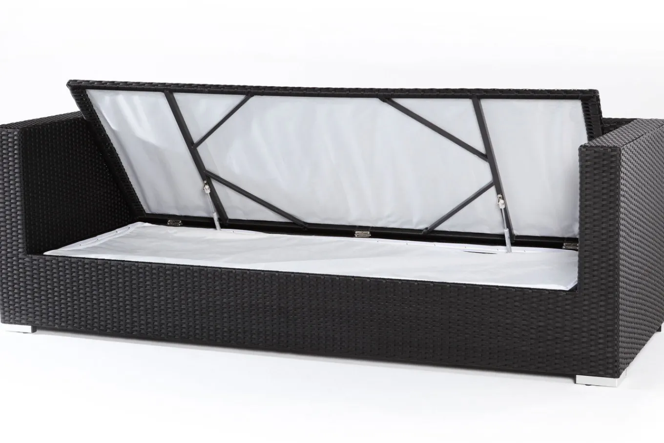 Online Dreisitzer-Sofa, creme/weiß, schwarz, Polyrattan, 210x85x70cm, inkl. Polster + wasserfeste Kissenbox Polyrattan-Gartenmöbel|Gartenlounge
