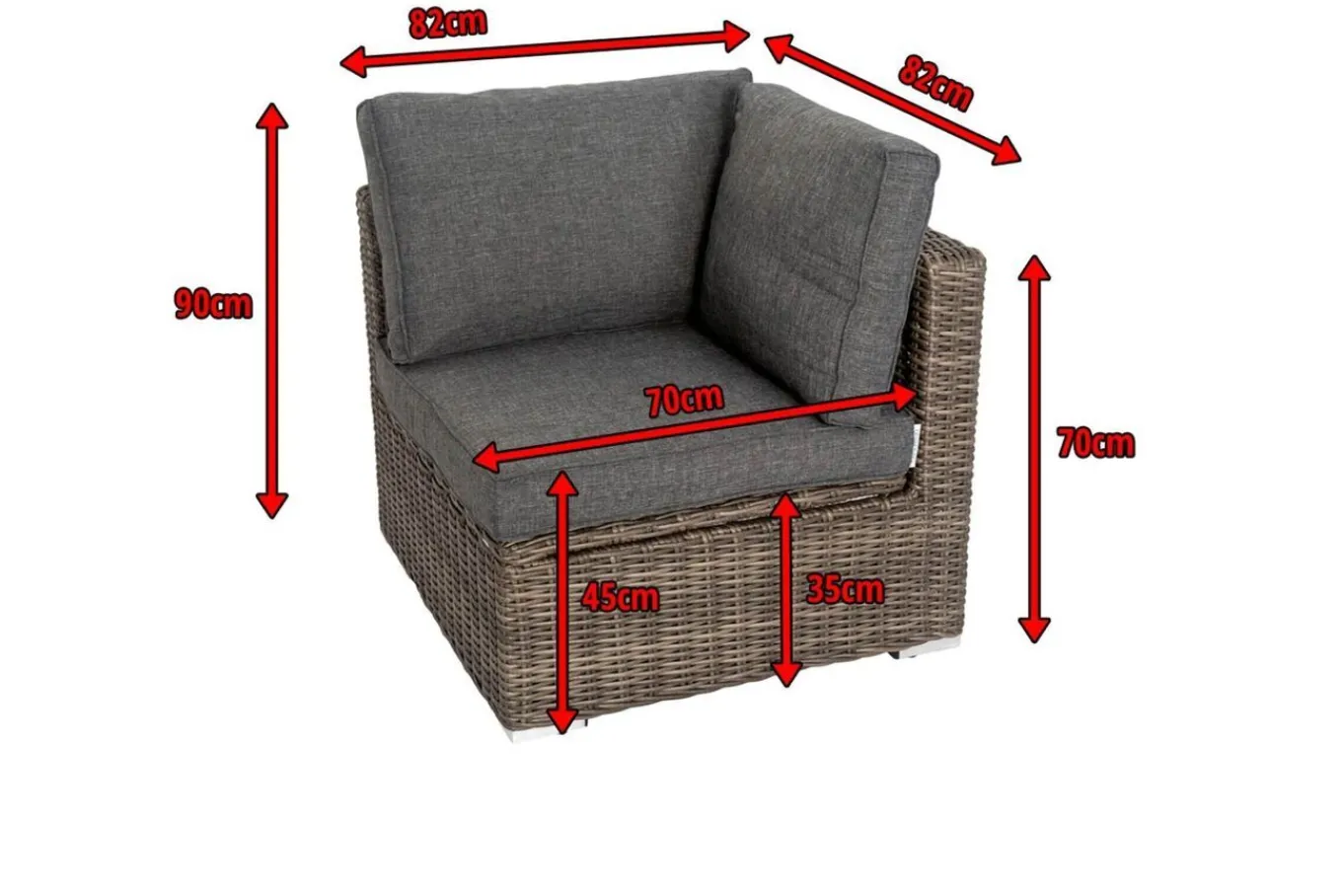 Discount Eckelement links, grau, Polyrattan, 82 x 82 x 70 cm, verstellbare Sitzfläche, wasserfeste Kissenbox Polyrattan-Gartenmöbel|Gartenlounge