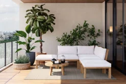 Outlet Ecklounge, Akazie, 5 Personen, inkl. Tisch ø 80 cm und Polster aus Olefin in hellbraun, FSC®-zertifiziertes Produkt Gartenlounge