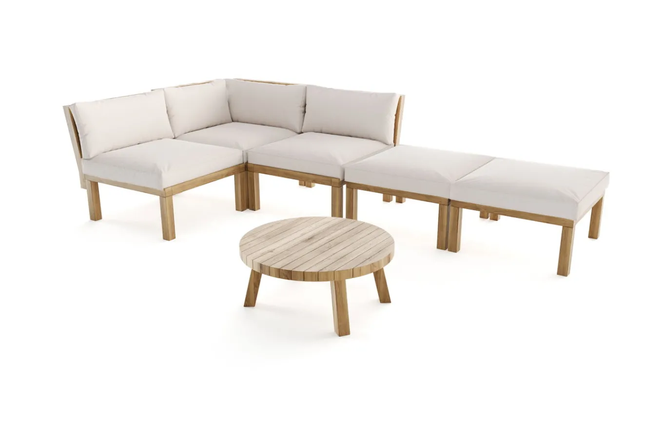 Outlet Ecklounge, Akazie, 5 Personen, inkl. Tisch ø 80 cm und Polster aus Olefin in hellbraun, FSC®-zertifiziertes Produkt Gartenlounge