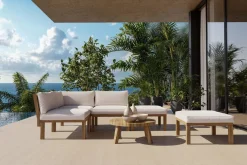 Outlet Ecklounge, Akazie, 5 Personen, inkl. Tisch ø 80 cm und Polster aus Olefin in hellbraun, FSC®-zertifiziertes Produkt Gartenlounge