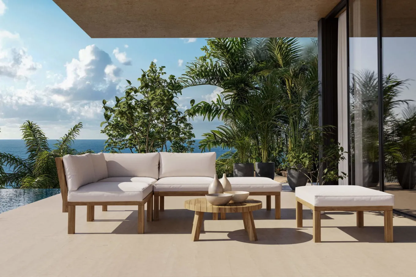 Outlet Ecklounge, Akazie, 5 Personen, inkl. Tisch ø 80 cm und Polster aus Olefin in hellbraun, FSC®-zertifiziertes Produkt Gartenlounge