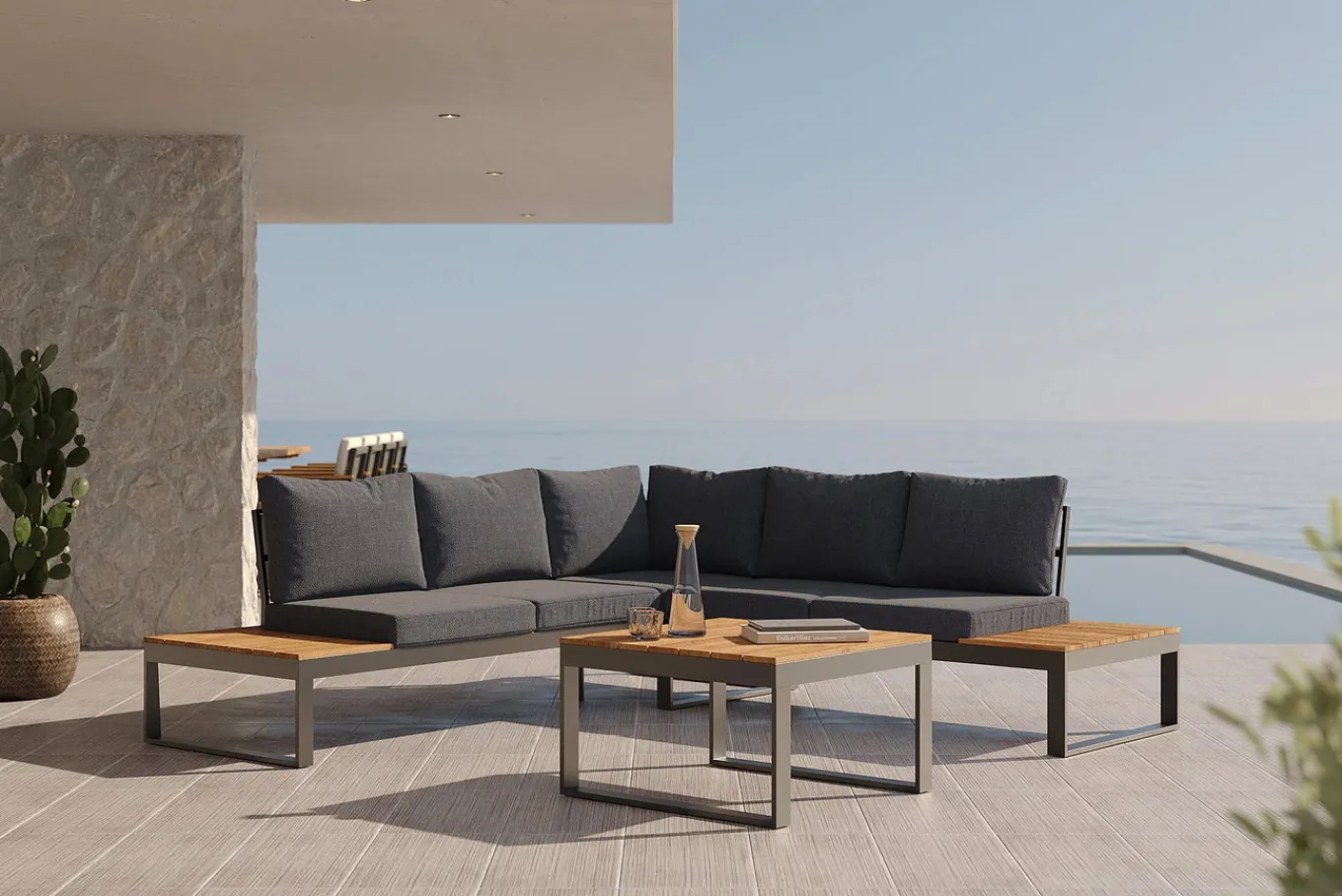 Best Ecklounge, anthrazit matt, Alu/Holzoptik, 5 Personen, Seitenablage Gartenlounge|Aluminium-Gartenmöbel