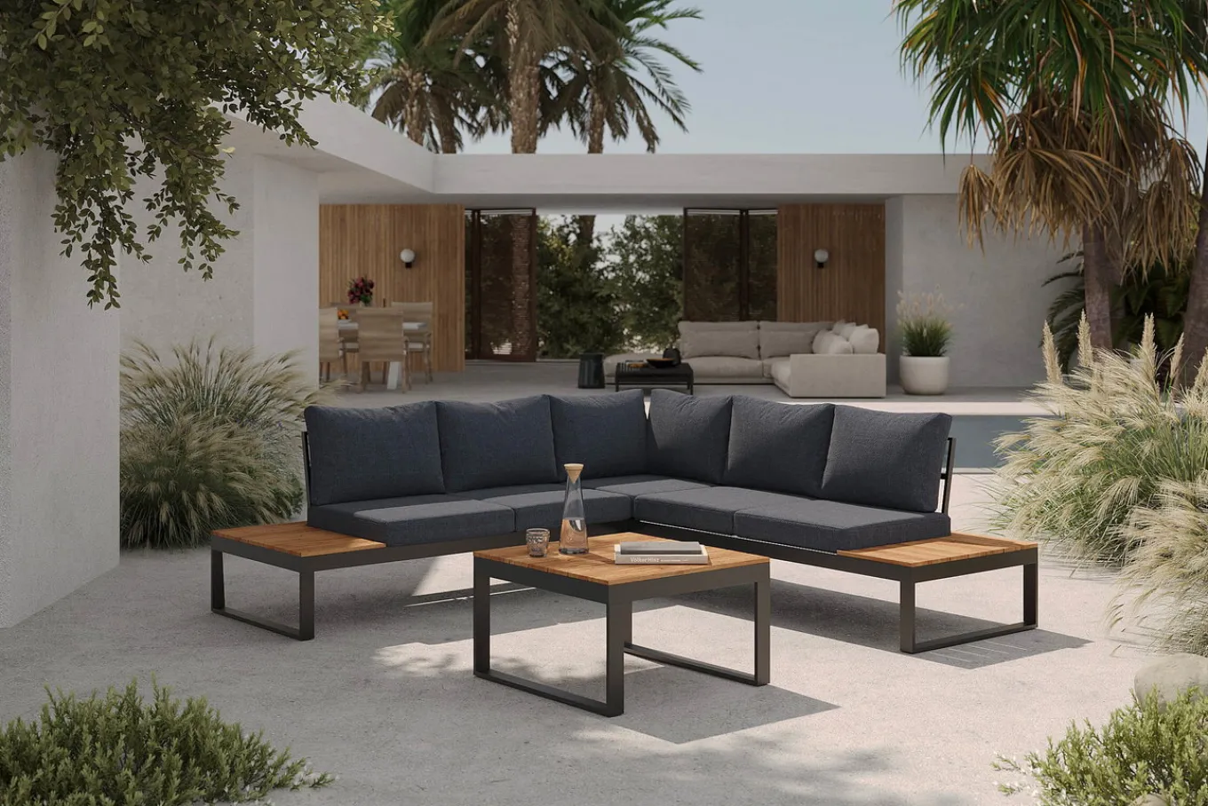 Best Ecklounge, anthrazit matt, Alu/Holzoptik, 5 Personen, Seitenablage Gartenlounge|Aluminium-Gartenmöbel
