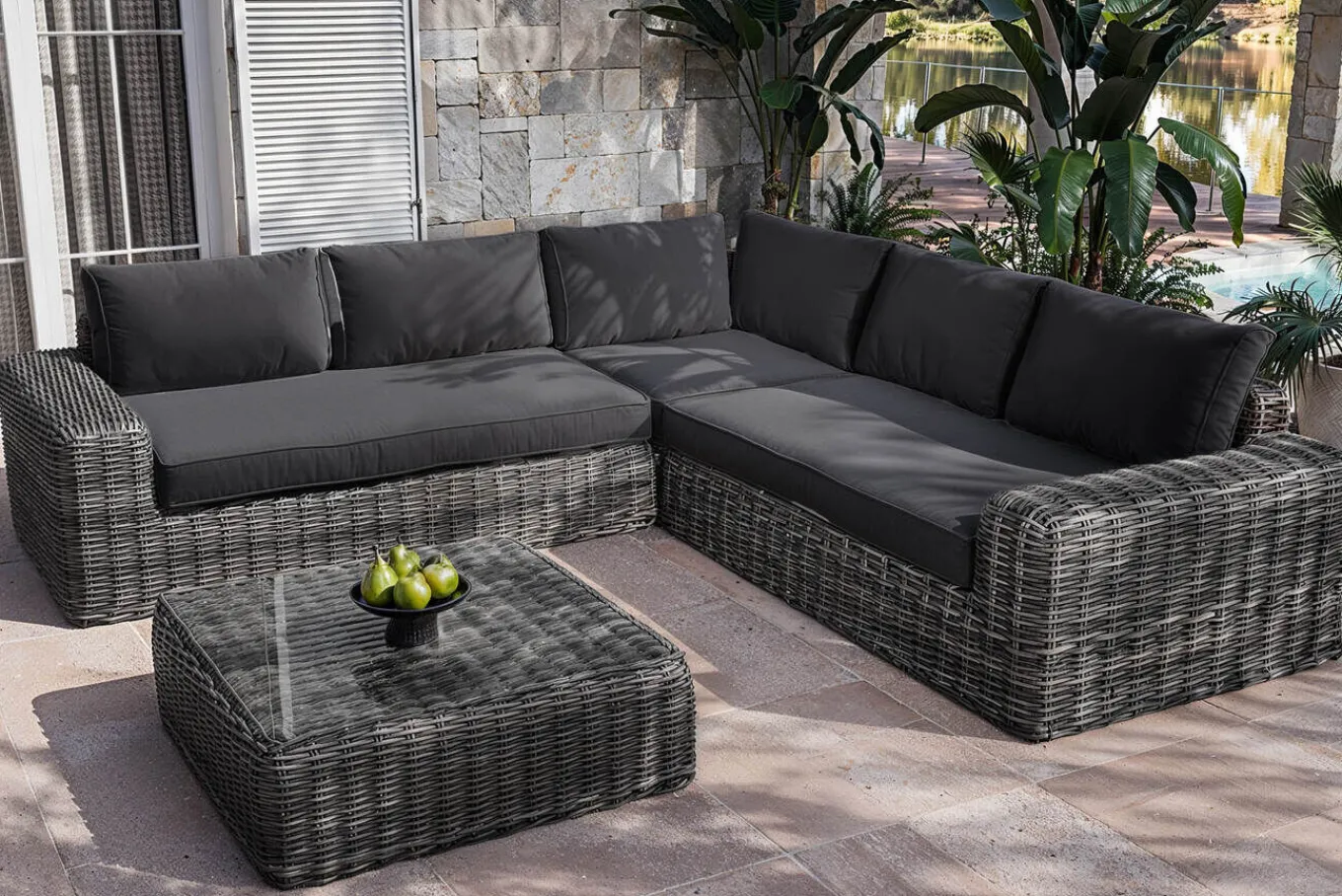 Clearance Ecklounge, grauweiß/anthrazit, Polyrattan, 6 Personen, inkl. Tisch/Hocker 90 x 90 cm und Polster aus Olefin in anthrazit Polyrattan-Gartenmöbel|Gartenlounge