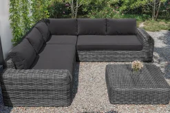 Clearance Ecklounge, grauweiß/anthrazit, Polyrattan, 6 Personen, inkl. Tisch/Hocker 90 x 90 cm und Polster aus Olefin in anthrazit Polyrattan-Gartenmöbel|Gartenlounge