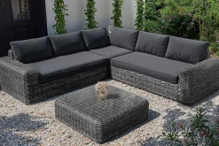 Clearance Ecklounge, grauweiß/anthrazit, Polyrattan, 6 Personen, inkl. Tisch/Hocker 90 x 90 cm und Polster aus Olefin in anthrazit Polyrattan-Gartenmöbel|Gartenlounge
