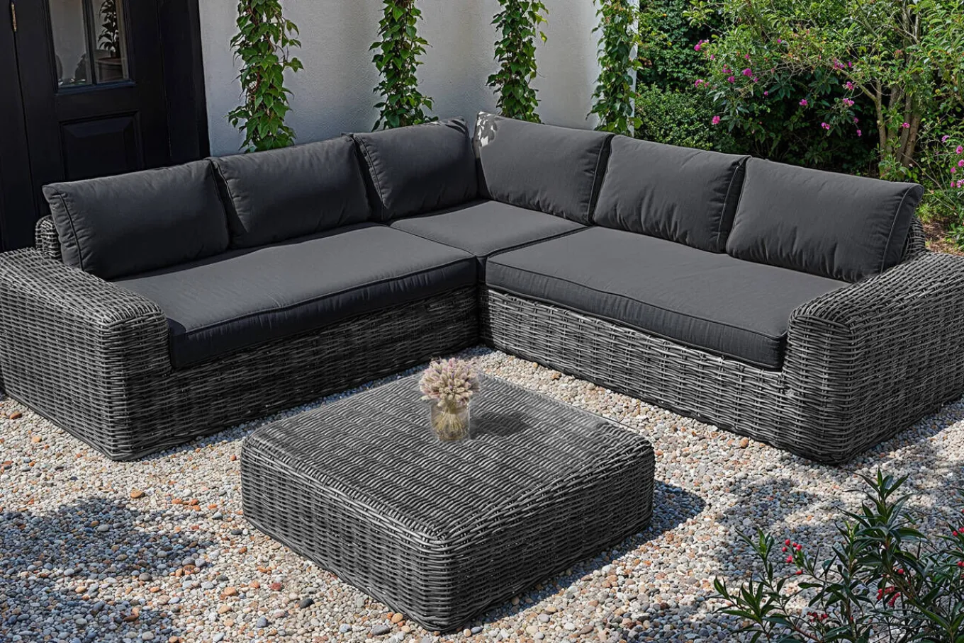 Clearance Ecklounge, grauweiß/anthrazit, Polyrattan, 6 Personen, inkl. Tisch/Hocker 90 x 90 cm und Polster aus Olefin in anthrazit Polyrattan-Gartenmöbel|Gartenlounge