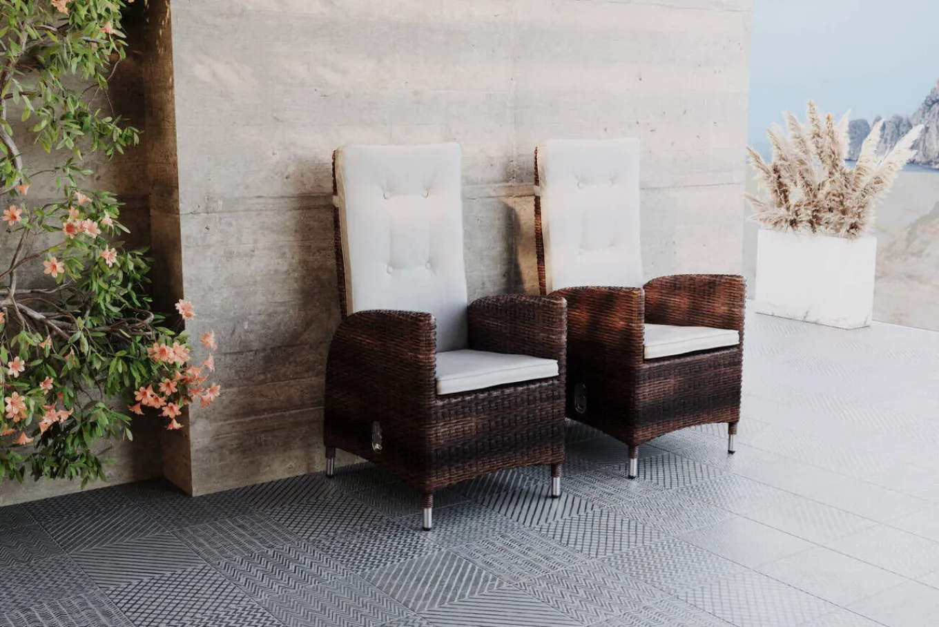 Discount 2er Set Dining Sessel, braun marmoriert, Polyrattan, 55 x 65 x 112 cm, Rücken stufenlos verstellbar Polyrattan-Gartenmöbel|Gartenstühle & Gartensessel