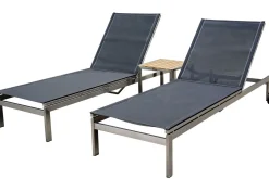 Best 2er-Set Rollliege, schwarz, Edelstahl/Teak, 212x71x36cm, mit Beistelltisch 45x45cm, FSC®-zertifiziertes Produkt Gartenliegen