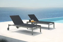 Best 2er-Set Rollliege, schwarz, Edelstahl/Teak, 212x71x36cm, mit Beistelltisch 45x45cm, FSC®-zertifiziertes Produkt Gartenliegen