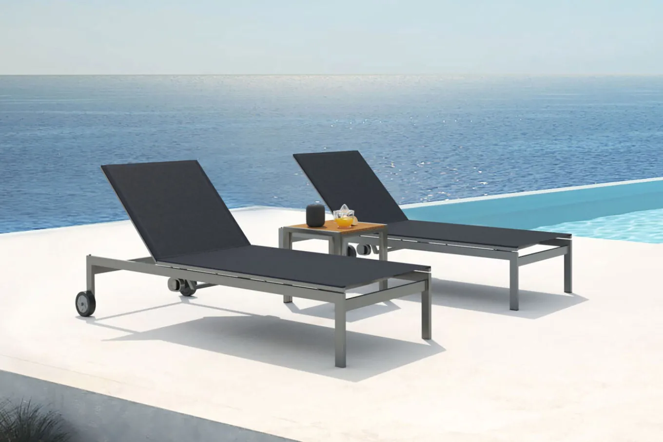 Best 2er-Set Rollliege, schwarz, Edelstahl/Teak, 212x71x36cm, mit Beistelltisch 45x45cm, FSC®-zertifiziertes Produkt Gartenliegen