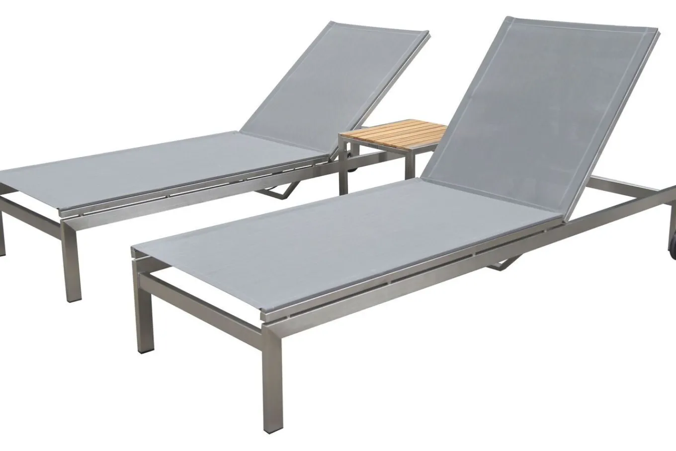 New 2er-Set Rollliege, silber, Edelstahl/Teak, 212x71x36 cm, mit Beistelltisch 45x45cm, FSC®-zertifiziertes Produkt Edelstahl-Gartenmöbel|Gartenliegen