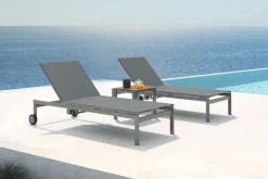 New 2er-Set Rollliege, silber, Edelstahl/Teak, 212x71x36 cm, mit Beistelltisch 45x45cm, FSC®-zertifiziertes Produkt Edelstahl-Gartenmöbel|Gartenliegen