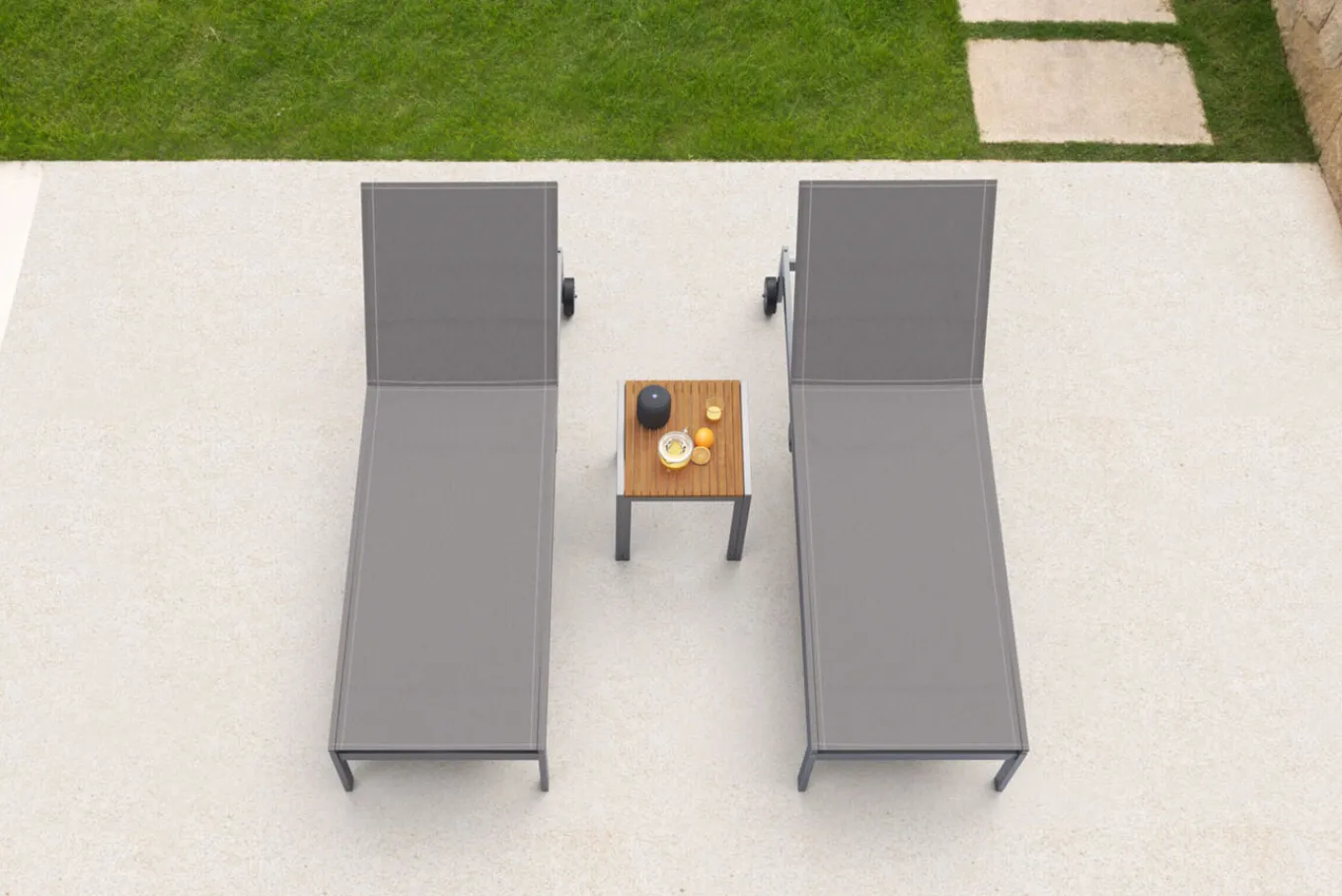 2er-Set Rollliege, taupe, Edelstahl/Teak, 212x71x36cm, mit Beistelltisch 45x45cm, FSC®-zertifiziertes Produkt Gartenliegen