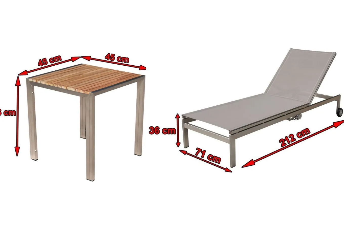 2er-Set Rollliege, taupe, Edelstahl/Teak, 212x71x36cm, mit Beistelltisch 45x45cm, FSC®-zertifiziertes Produkt Gartenliegen