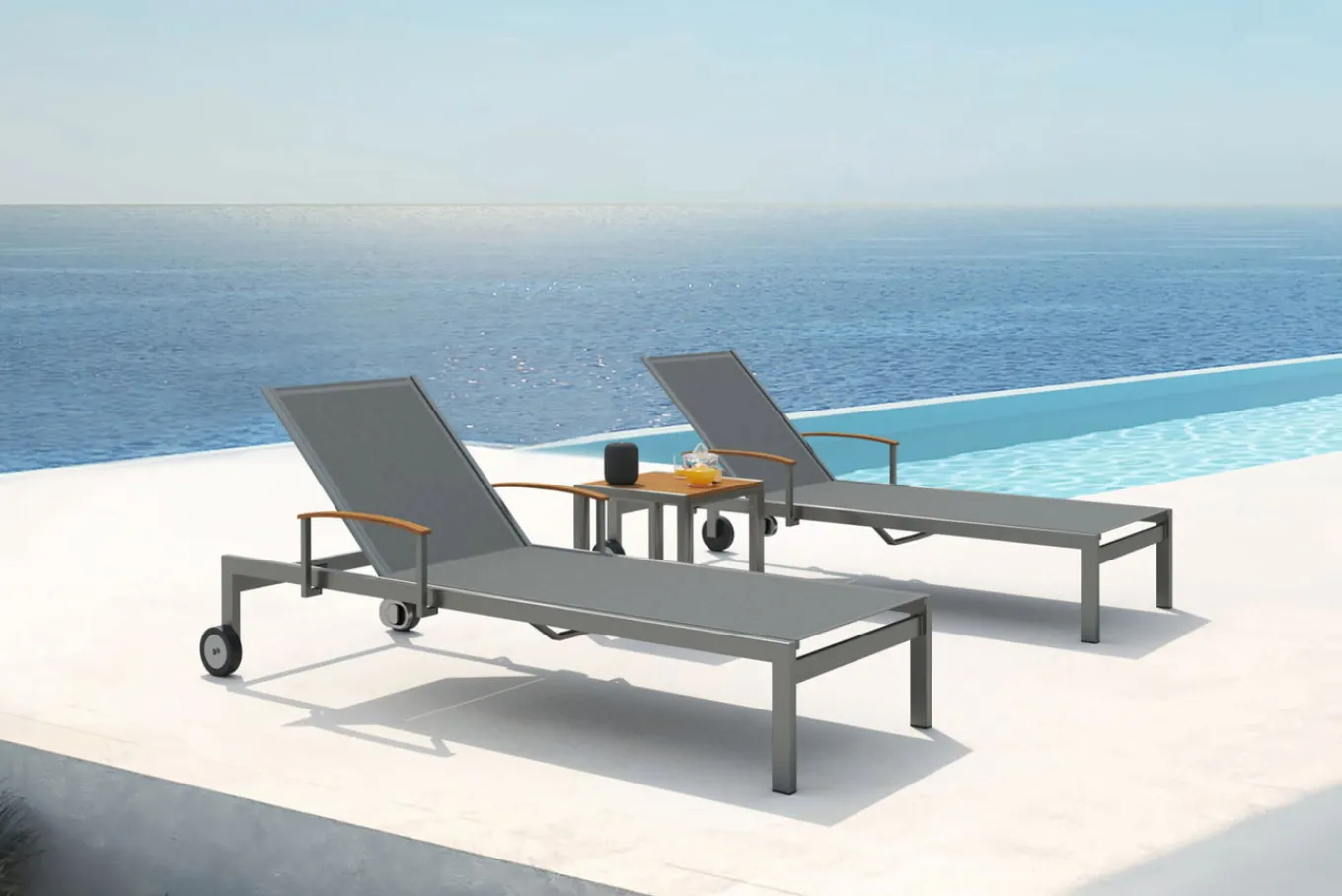 Best 2er-Set Sonnenliegen, taupe, Edelstahl/Textilene, 195 x 74 cm, mit Beistelltisch 45 x 45 cm, FSC®-zertifiziertes Produkt Gartenliegen
