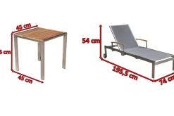 Outlet 2er-Set Sonnenliegen, silber, Edelstahl/Teak, 195,5x74x35cm, mit Beistelltisch 45x45cm, Teak Armlehnen, FSC®-zertifiziertes Produkt Edelstahl-Gartenmöbel|Gartenliegen
