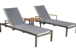 Outlet 2er-Set Sonnenliegen, silber, Edelstahl/Teak, 195,5x74x35cm, mit Beistelltisch 45x45cm, Teak Armlehnen, FSC®-zertifiziertes Produkt Edelstahl-Gartenmöbel|Gartenliegen