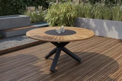 Outlet Esstisch, anthrazit matt, Alu/Teak, Ø150x75 cm, mit Glasinlay Gartentische