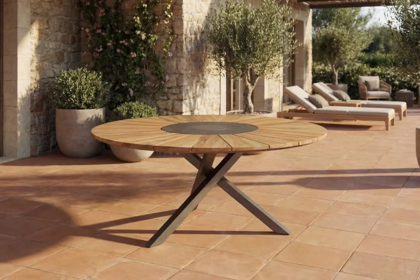 Best Esstisch, Edelstahl/Teakholz, Ø 170cm, inkl. drehbarer Granitplatte und Eiskühler, FSC®-zertifiziertes Produkt Gartentische