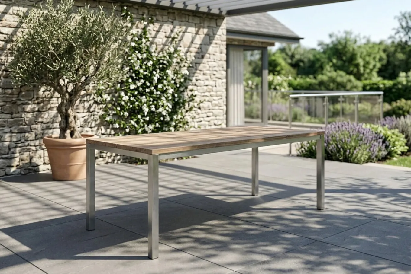 Outlet Esstisch, silber/natur, Edelstahl/ recyceltes Teak, 180x90cm, rustikal gebürstet, FSC®-zertifiziertes Produkt Gartentische
