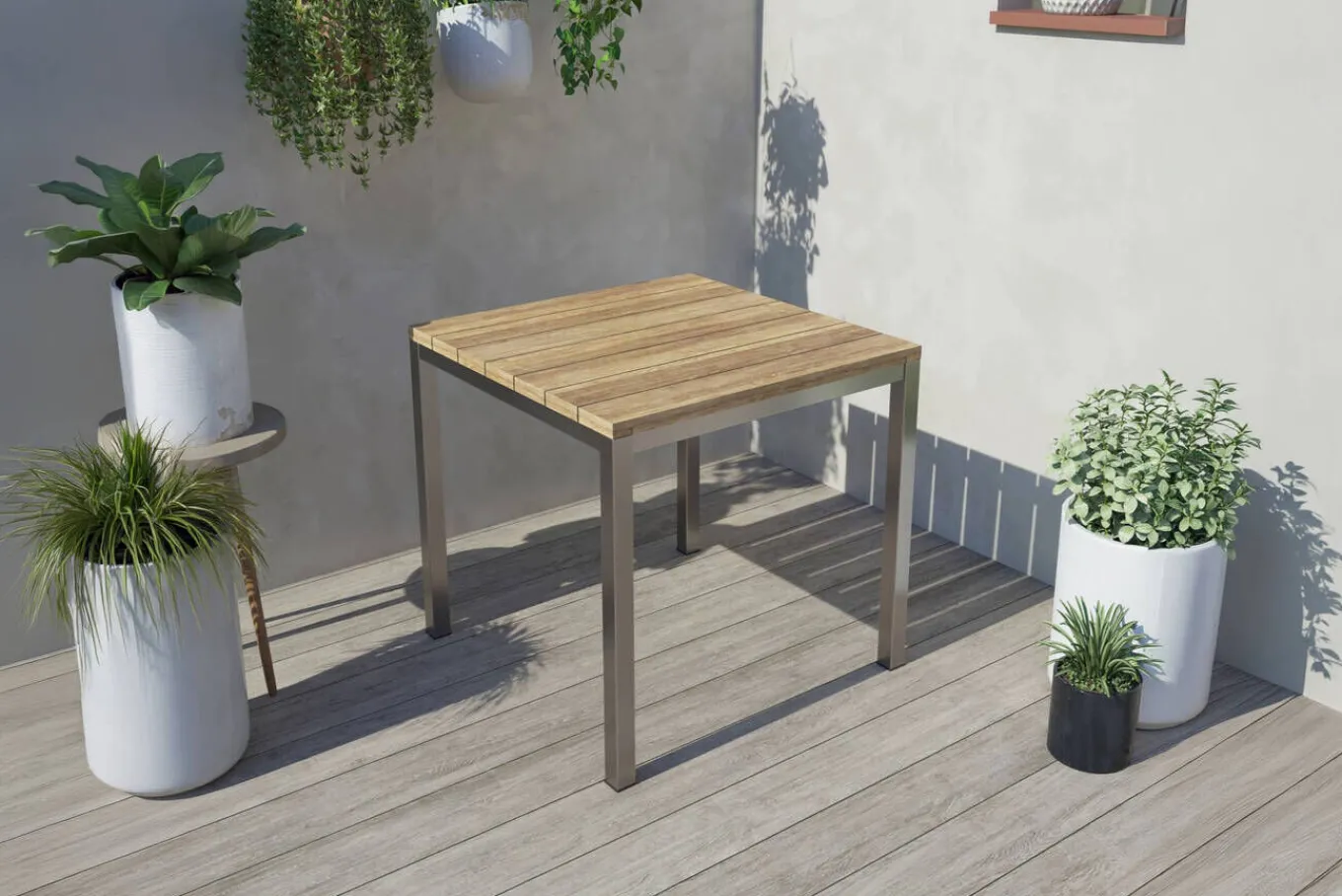 Online Esstisch, silber/natur, Edelstahl/ recyceltes Teak, 90x90cm, rustikal gebürstet, FSC®-zertifiziertes Produkt Gartentische