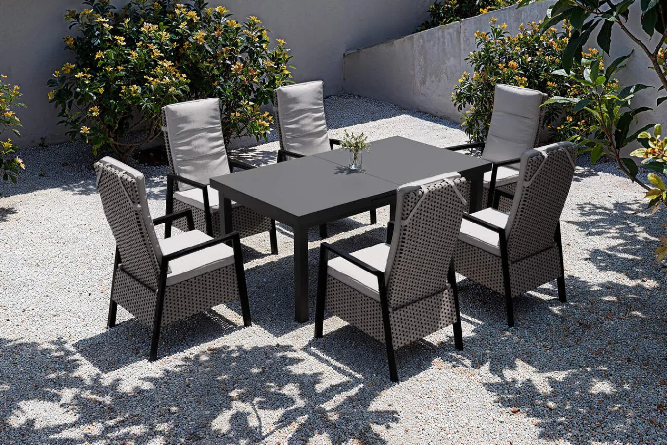 Clearance Evora Garten-Essgruppe, grau/anthrazit, Alu/Polyrattan, ausziehbare Tischplatte 180/240 x 100 cm, 6 Diningsessel Garten-Essgruppen