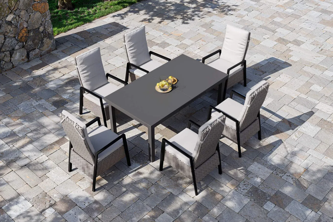 Clearance Evora Garten-Essgruppe, grau/anthrazit, Alu/Polyrattan, ausziehbare Tischplatte 180/240 x 100 cm, 6 Diningsessel Garten-Essgruppen