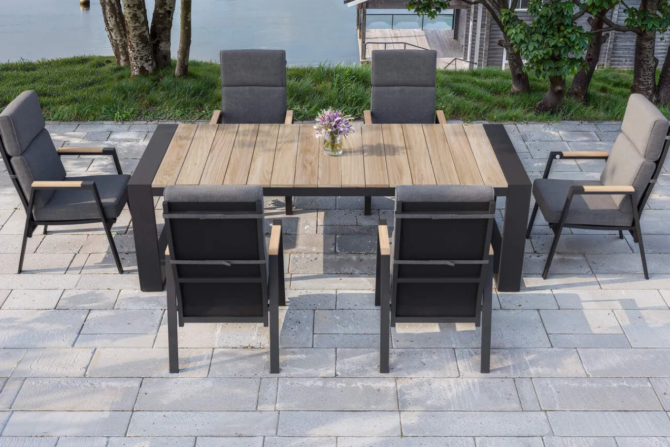 Discount Evora Garten-Essgruppe, anthrazit/natur, Alu/Teak/Polyester, 240 x 100 cm, FSC®-zertifiziertes Produkt Garten-Essgruppen