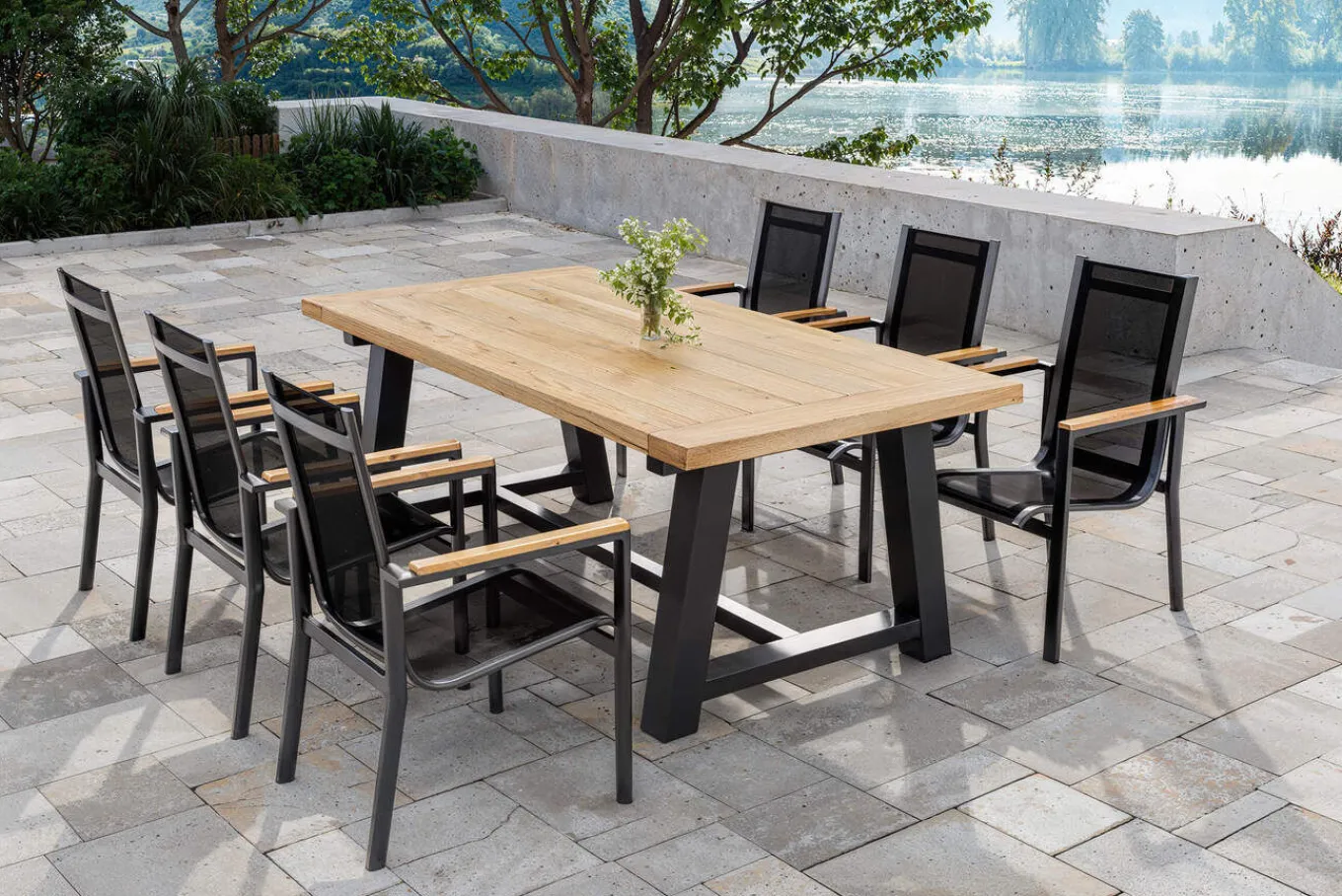 New Evora Garten-Essgruppe, grau/anthrazit, Alu/Teak/Textilene, 200 x 100 cm, stapelbar, FSC®-zertifiziertes Produkt Garten-Essgruppen