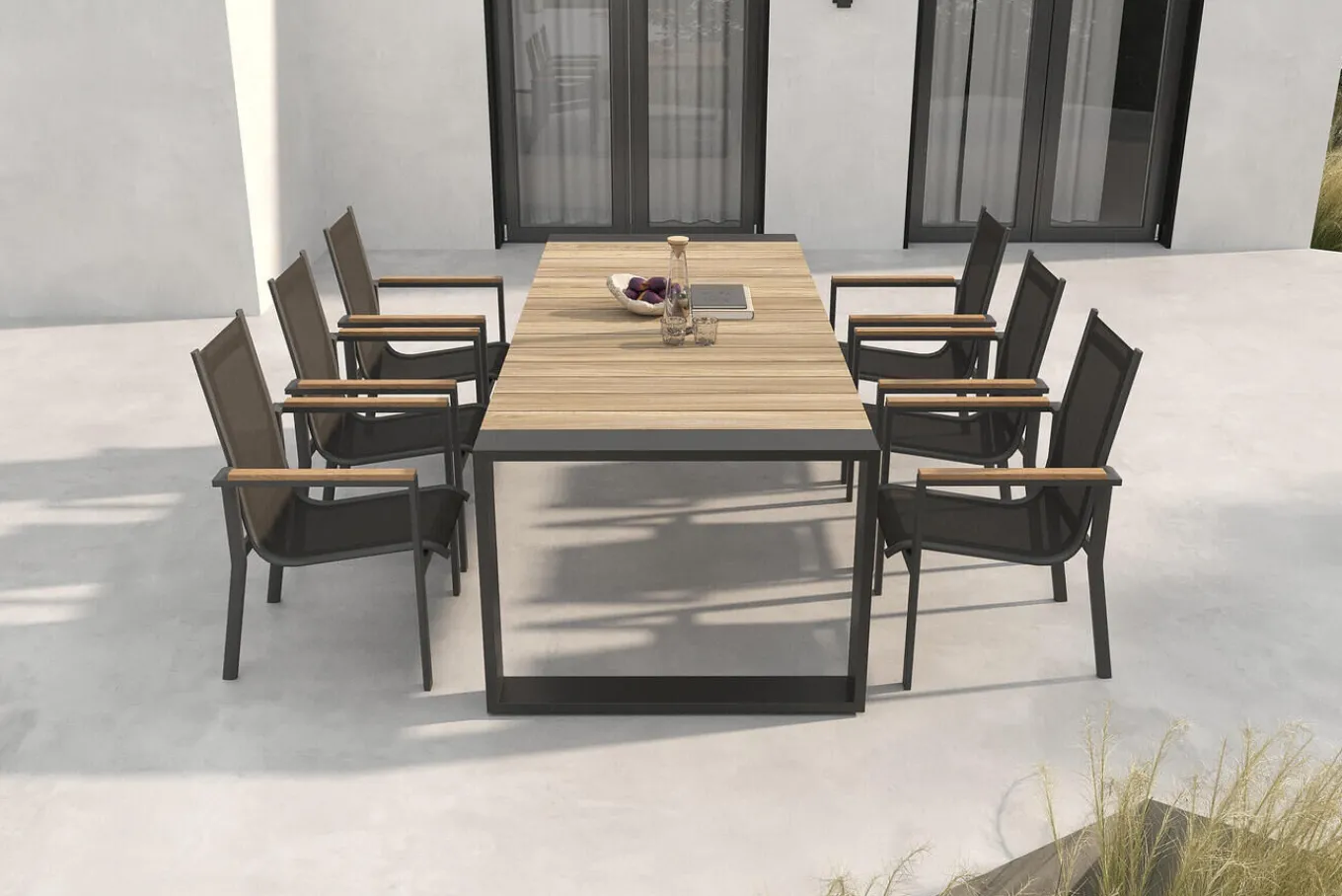 Outlet Evora Garten-Essgruppe, anthrazit/natur, Aluminium/Teak/Textilene, 240 x 100 cm, FSC®-zertifiziertes Produkt Garten-Essgruppen