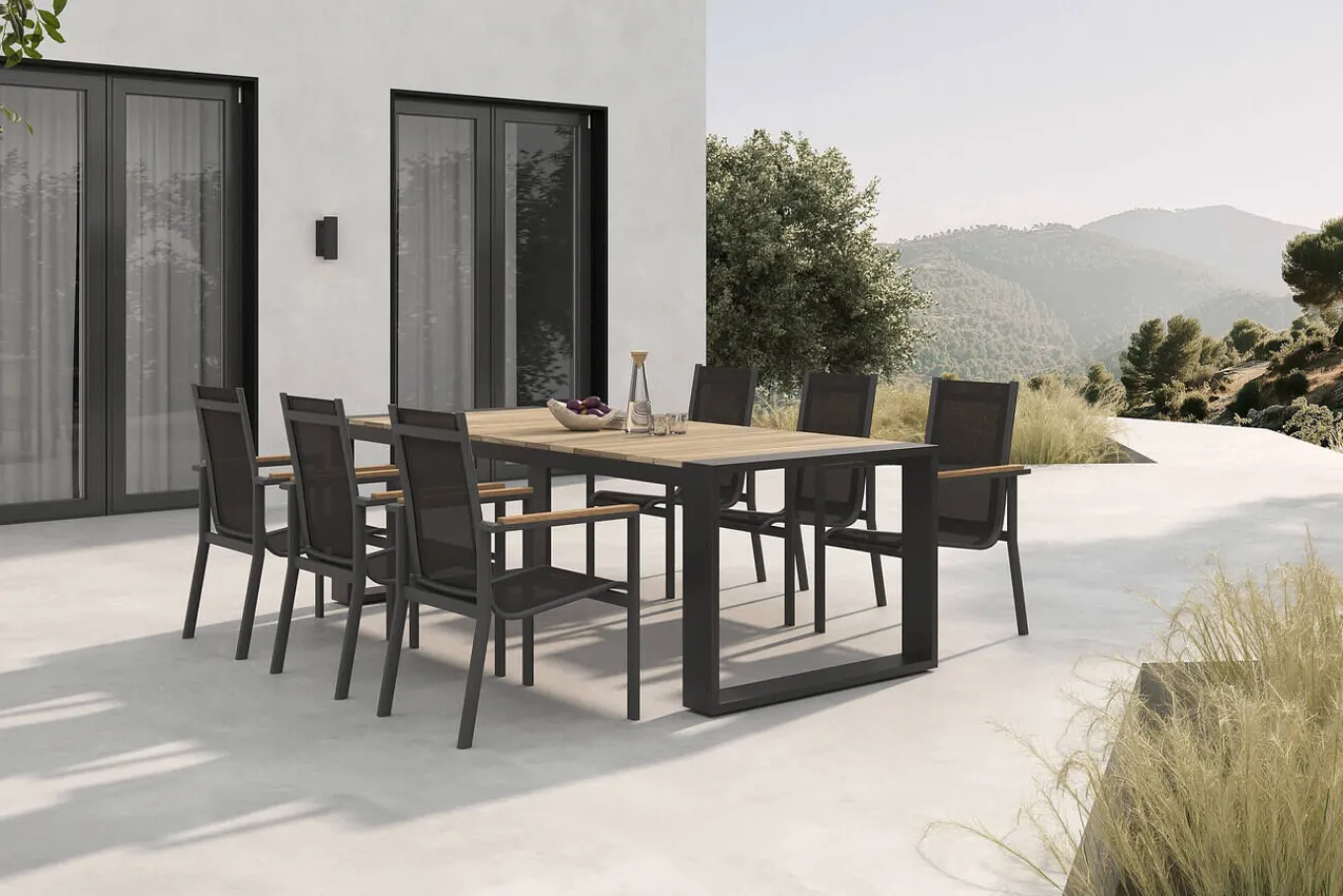 Outlet Evora Garten-Essgruppe, anthrazit/natur, Aluminium/Teak/Textilene, 240 x 100 cm, FSC®-zertifiziertes Produkt Garten-Essgruppen