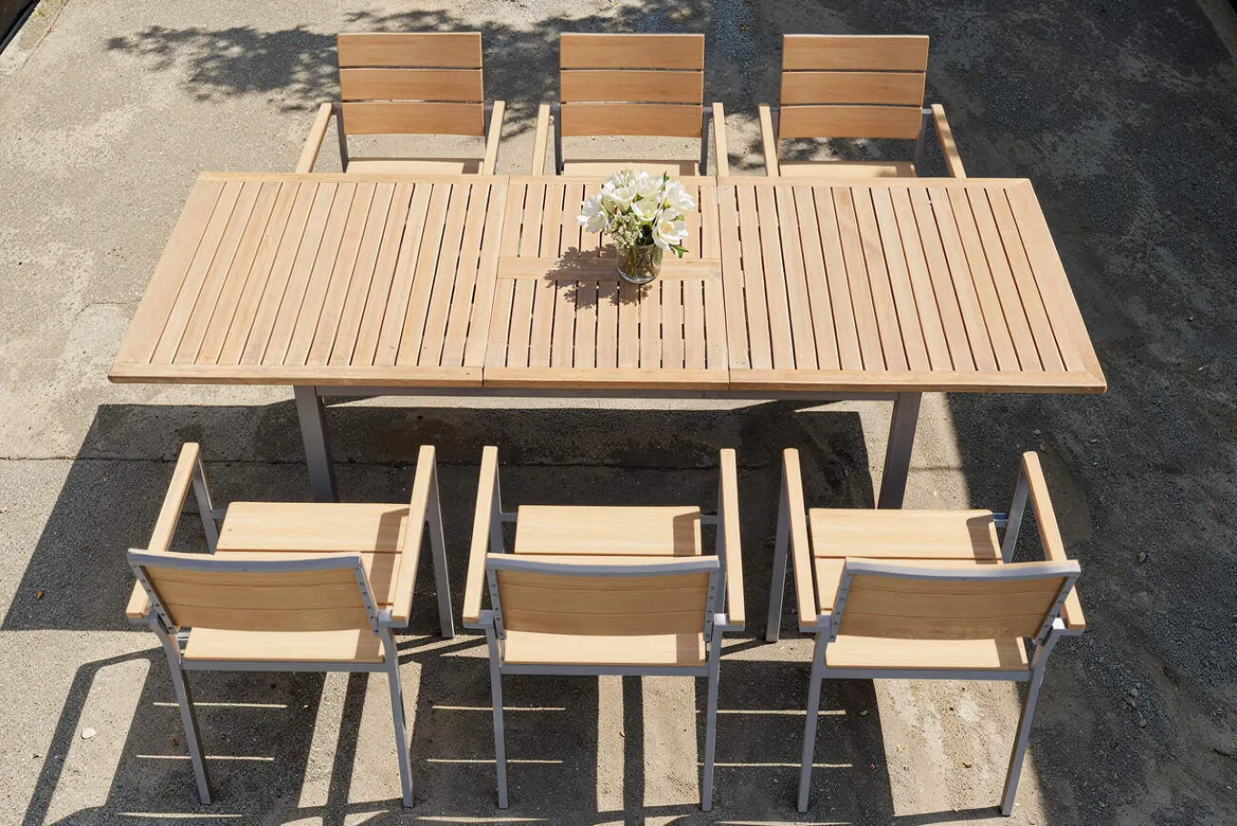 Outlet Falun Garten-Essgruppe, braun, Teakholz/Edelstahl, Ausziehtisch 180/240 x 100 cm, inkl. 6 Stapelsessel, FSC®-zertifiziertes Produkt Garten-Essgruppen