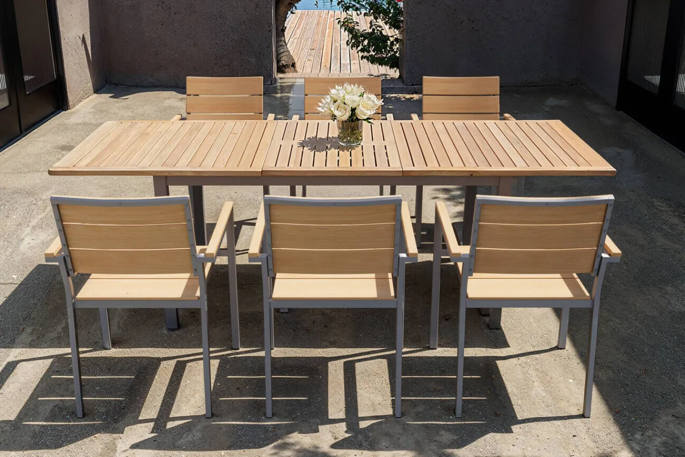 Outlet Falun Garten-Essgruppe, braun, Teakholz/Edelstahl, Ausziehtisch 180/240 x 100 cm, inkl. 6 Stapelsessel, FSC®-zertifiziertes Produkt Garten-Essgruppen