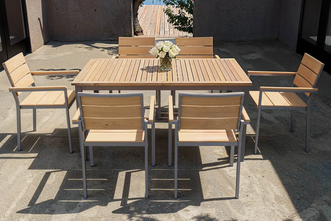 Outlet Falun Garten-Essgruppe, braun, Teakholz/Edelstahl, Ausziehtisch 180/240 x 100 cm, inkl. 6 Stapelsessel, FSC®-zertifiziertes Produkt Garten-Essgruppen