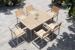 Outlet Falun Garten-Essgruppe, braun, Teakholz/Edelstahl, Ausziehtisch 180/240 x 100 cm, inkl. 6 Stapelsessel, FSC®-zertifiziertes Produkt Garten-Essgruppen