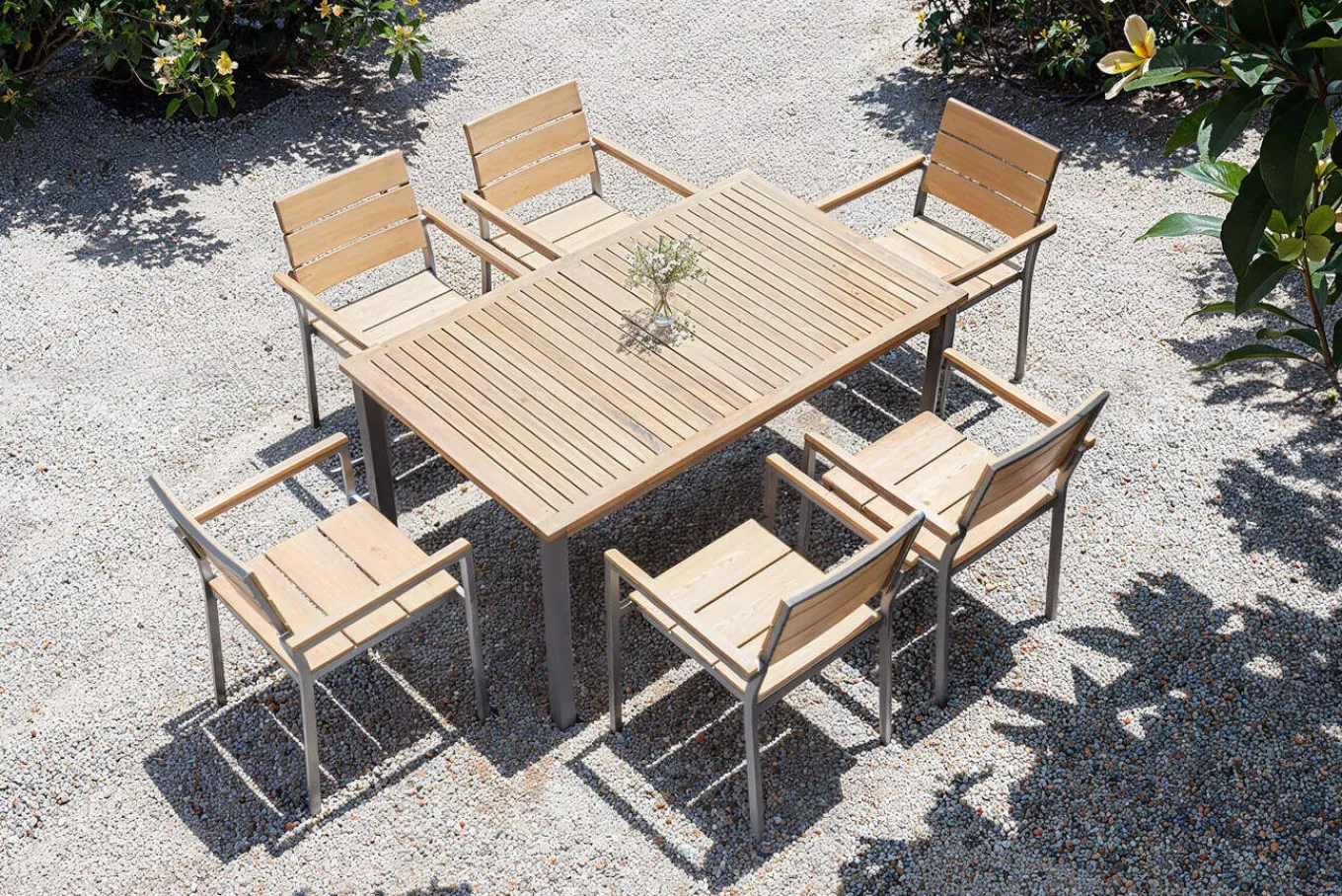 Outlet Falun Garten-Essgruppe, braun, Teakholz/Edelstahl, Ausziehtisch 180/240 x 100 cm, inkl. 6 Stapelsessel, FSC®-zertifiziertes Produkt Garten-Essgruppen