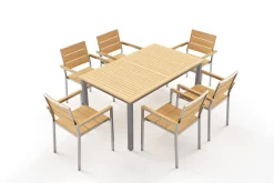 Outlet Falun Garten-Essgruppe, braun, Teakholz/Edelstahl, Ausziehtisch 180/240 x 100 cm, inkl. 6 Stapelsessel, FSC®-zertifiziertes Produkt Garten-Essgruppen