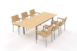 Outlet Falun Garten-Essgruppe, braun, Teakholz/Edelstahl, Ausziehtisch 180/240 x 100 cm, inkl. 6 Stapelsessel, FSC®-zertifiziertes Produkt Garten-Essgruppen