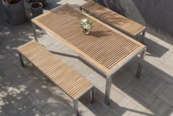 New Falun Garten-Essgruppe, braun, Edelstahl/Teakholz, 200 x 90 cm Tisch mit 2 Bänken 160 x 38 cm Garten-Essgruppen
