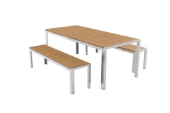New Falun Garten-Essgruppe, braun, Edelstahl/Teakholz, 200 x 90 cm Tisch mit 2 Bänken 160 x 38 cm Garten-Essgruppen