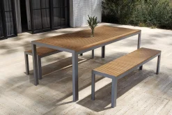 New Falun Garten-Essgruppe, braun, Edelstahl/Teakholz, 200 x 90 cm Tisch mit 2 Bänken 160 x 38 cm Garten-Essgruppen