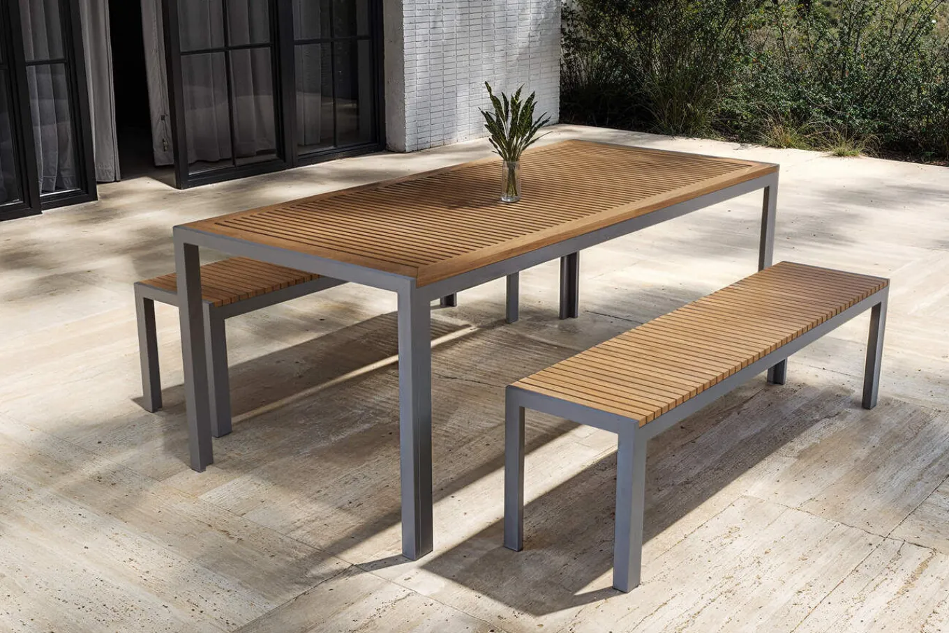 New Falun Garten-Essgruppe, braun, Edelstahl/Teakholz, 200 x 90 cm Tisch mit 2 Bänken 160 x 38 cm Garten-Essgruppen
