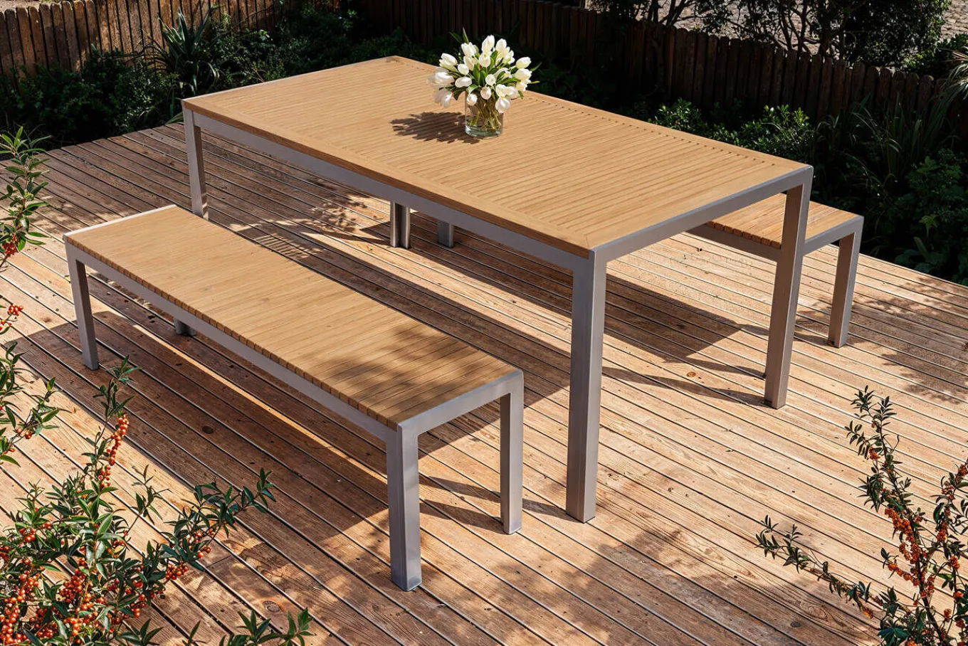 Falun Garten-Essgruppe, braun/silber, Edelstahl/Teakholz, 180 x 90 cm Tisch und 2 Bänke 160 x 38 cm Garten-Essgruppen