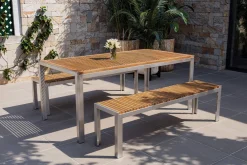 Falun Garten-Essgruppe, braun/silber, Edelstahl/Teakholz, 180 x 90 cm Tisch und 2 Bänke 160 x 38 cm Garten-Essgruppen