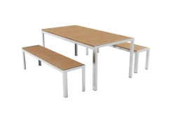 Falun Garten-Essgruppe, braun/silber, Edelstahl/Teakholz, 180 x 90 cm Tisch und 2 Bänke 160 x 38 cm Garten-Essgruppen
