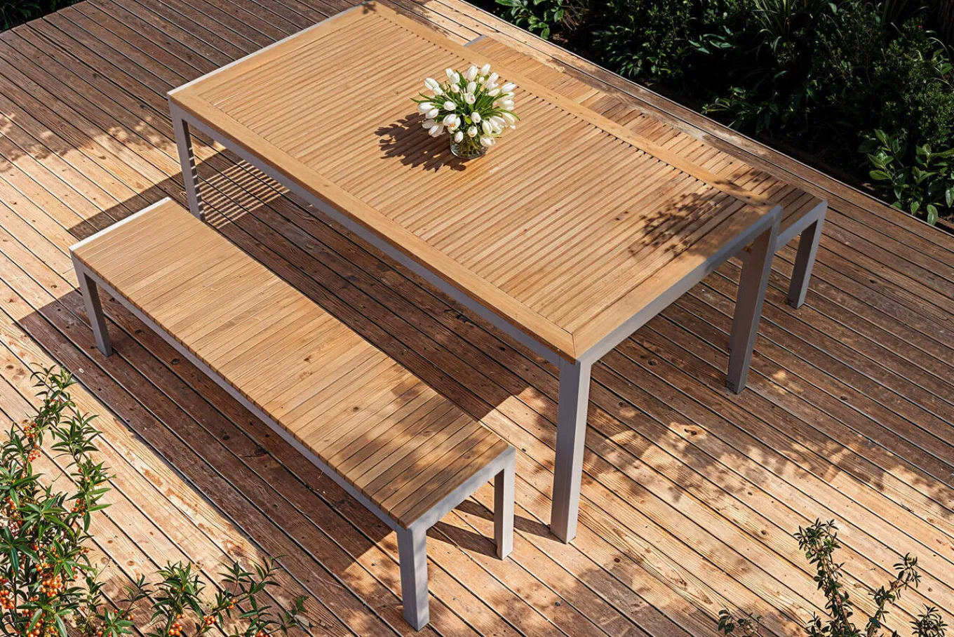 Falun Garten-Essgruppe, braun/silber, Edelstahl/Teakholz, 180 x 90 cm Tisch und 2 Bänke 160 x 38 cm Garten-Essgruppen