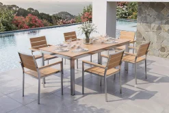 Falun Garten-Essgruppe mit 6 Sesseln, braun, Edelstahl/Teakholz, 200 x 100 cm ausziehbar, stapelbar, FSC®-zertifiziertes Produkt Garten-Essgruppen|Edelstahl-Gartenmöbel