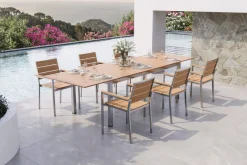 Falun Garten-Essgruppe mit 6 Sesseln, braun, Edelstahl/Teakholz, 200 x 100 cm ausziehbar, stapelbar, FSC®-zertifiziertes Produkt Garten-Essgruppen|Edelstahl-Gartenmöbel